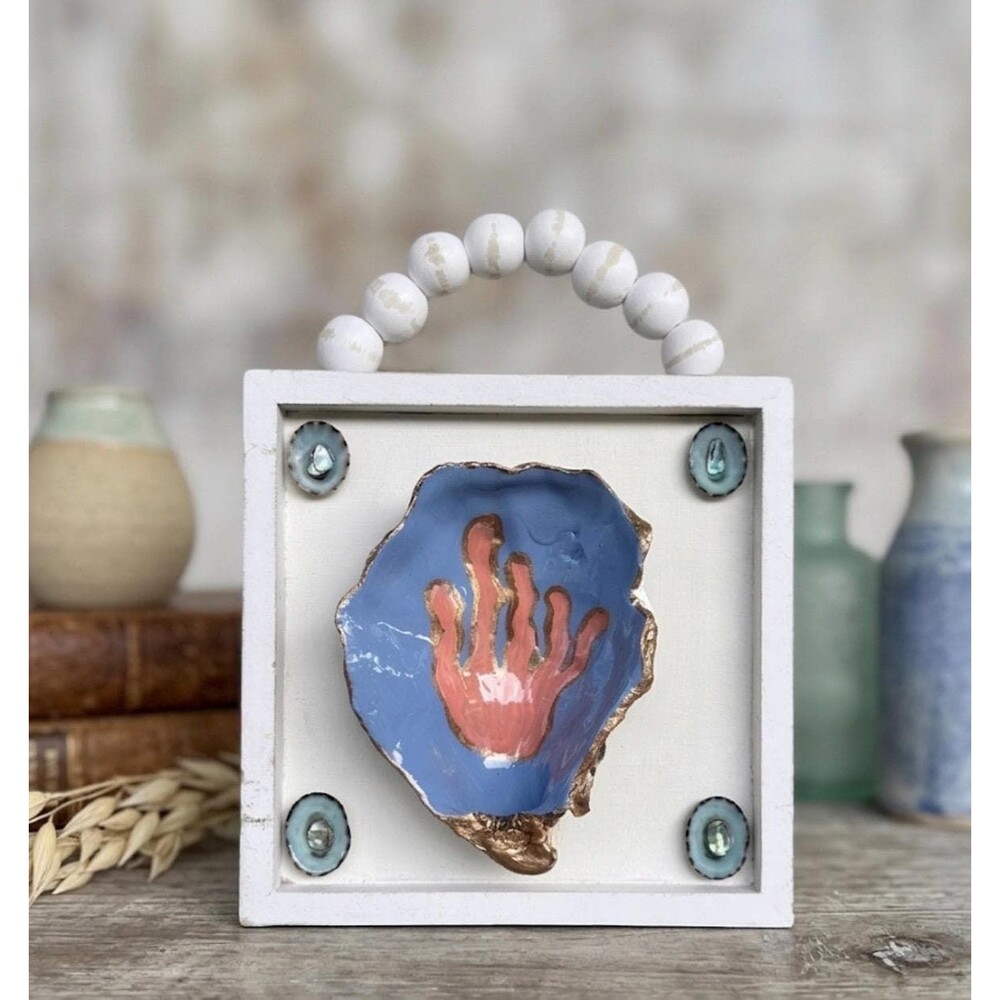 Hand-Painted Coral Oyster Shell Framed Art Sign Beach House Decor, Limpet Shells